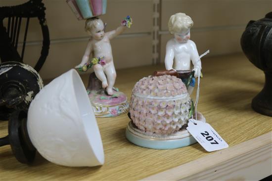 Two cherub figurines, a candlestick and a trinket box, a ceramic shaded lamp and a harp